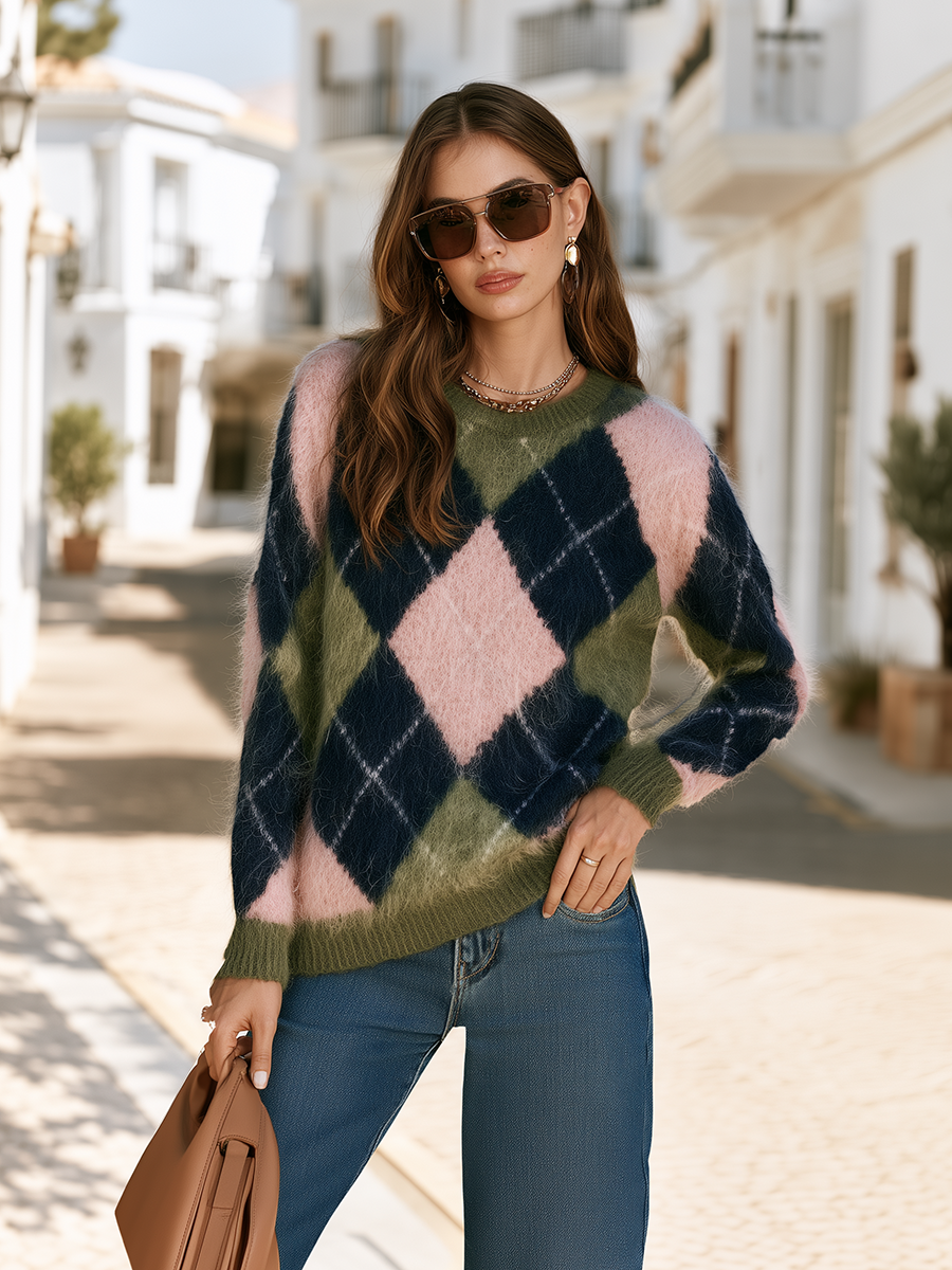 Pink Green Navy Argyle Plaid Crew Neck Fuzzy Mohair Blend Long Sleeve Sweater