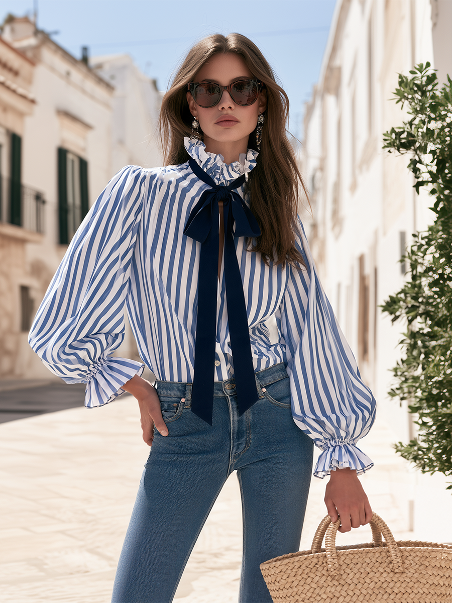 Nautical Blue White Vertical Stripe Ruffle High Collar Lantern Sleeve Blouse