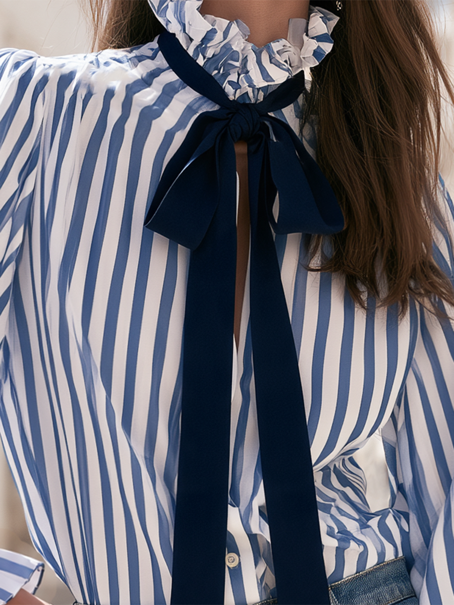 Nautical Blue White Vertical Stripe Ruffle High Collar Lantern Sleeve Blouse
