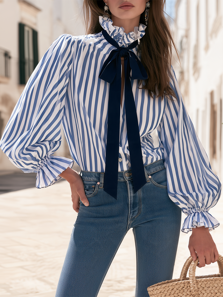 Nautical Blue White Vertical Stripe Ruffle High Collar Lantern Sleeve Blouse