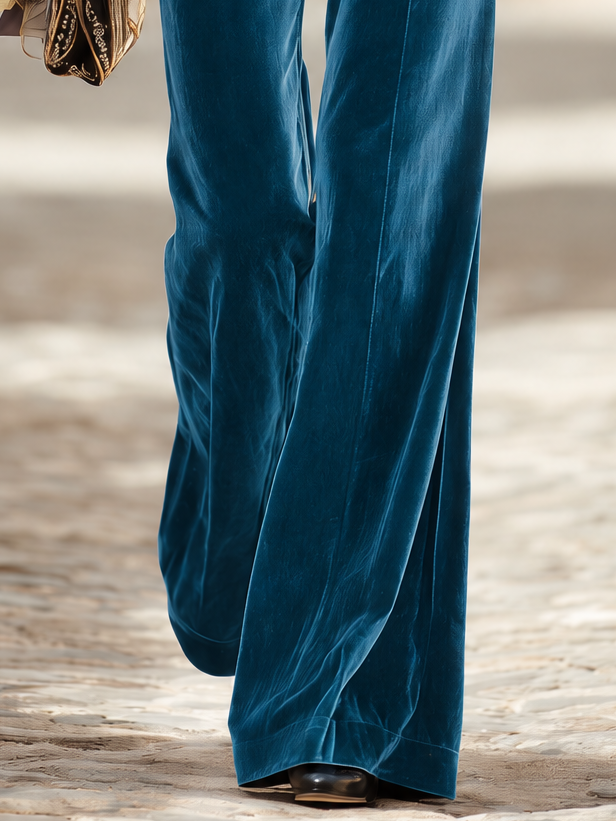 Gold Buttons Teal Velvet Wide-Leg Trousers