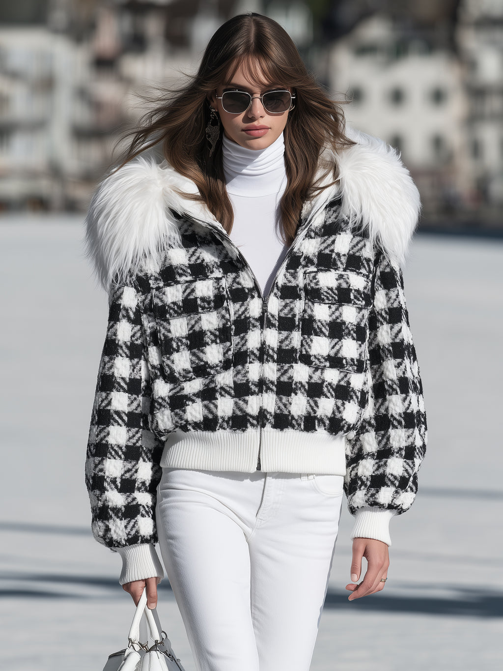 Chic Ski Black White Plaid Furry Collar Cropped Jacket