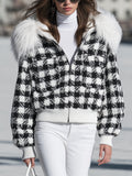 Chic Ski Black White Plaid Furry Collar Cropped Jacket