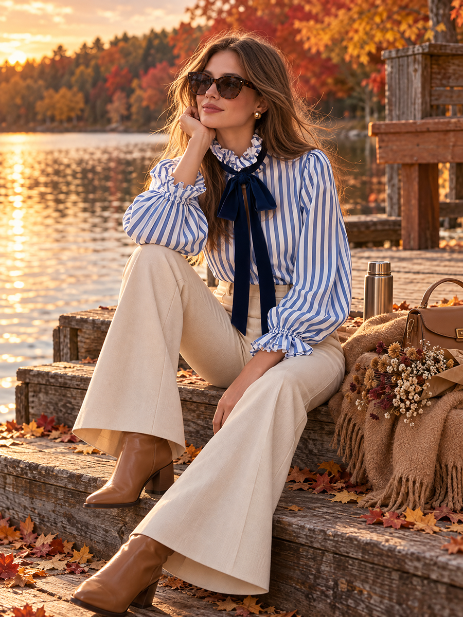 Nautical Blue White Vertical Stripe Ruffle High Collar Lantern Sleeve Blouse