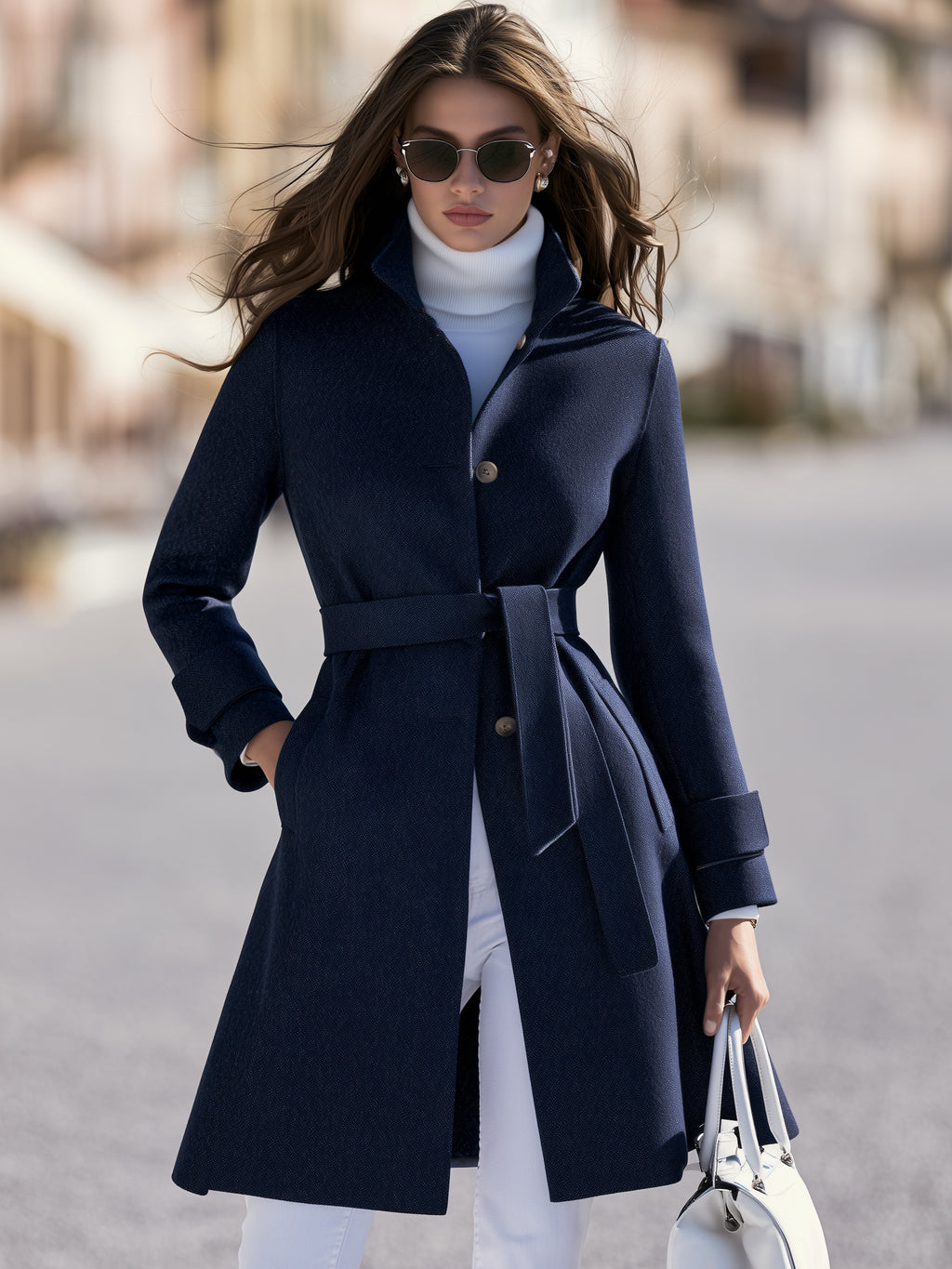 Old Money Classic Navy Stand Collar Belted Double Faced Mid Length Coat