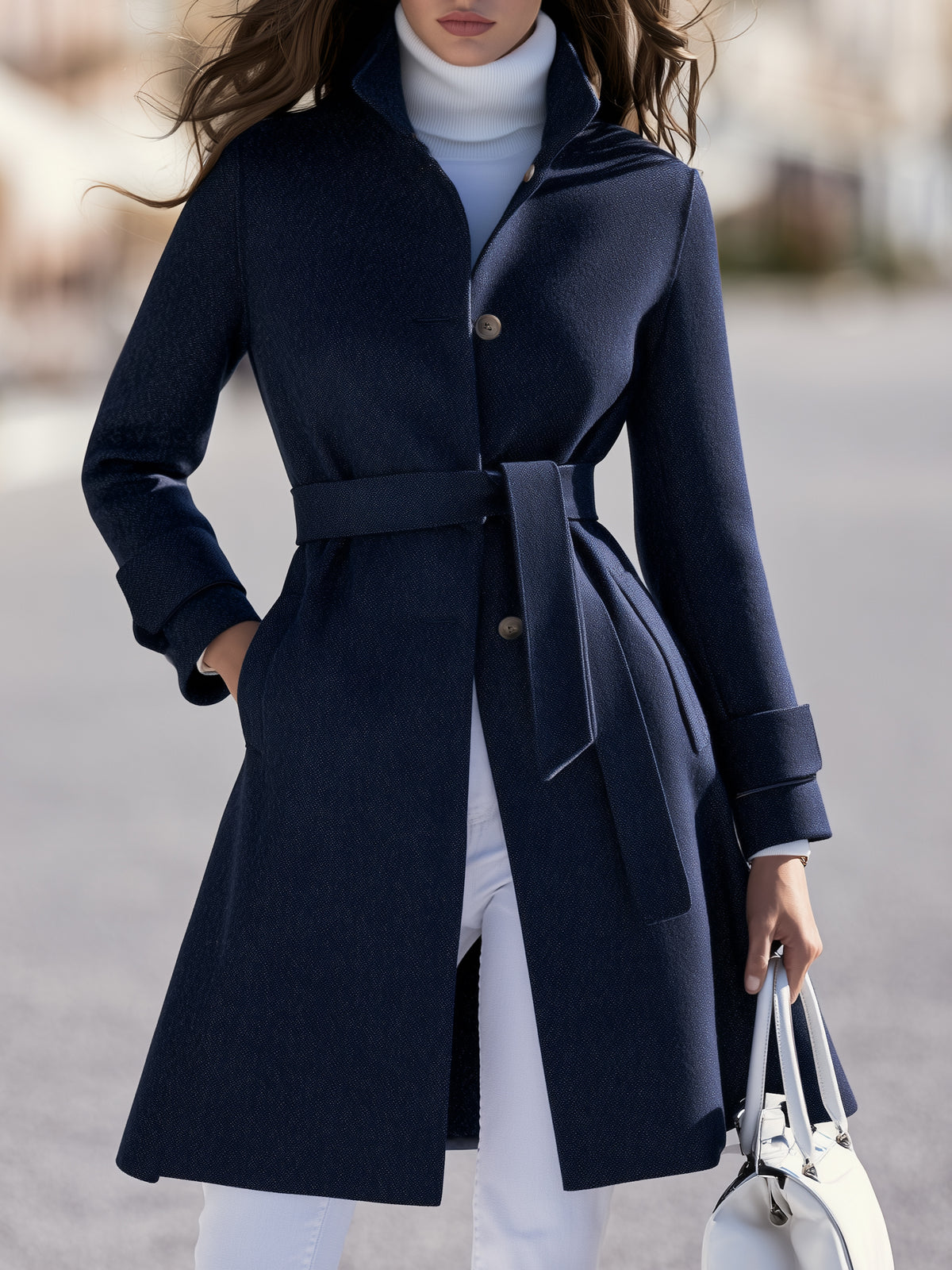 Old Money Classic Navy Stand Collar Belted Double Faced Mid Length Coat