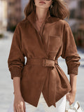Old Money Casual Caramel Brown Faux Suede Belted Wrap Jacket