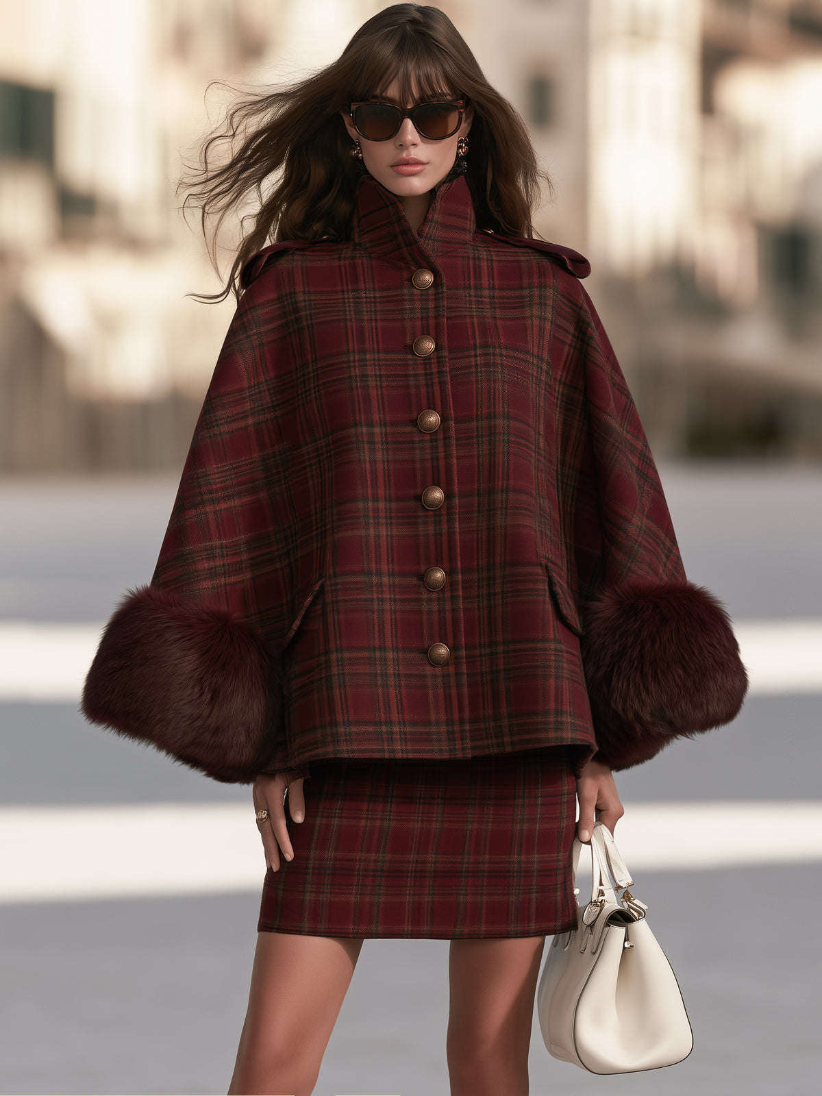 Vintage British Burgundy Plaid Faux Fur Cuff Cape Skirt Set