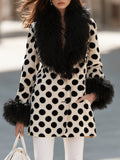Vintage Glam Cream Black Polka Dot Velvet Faux Curly Fur Trim Coat