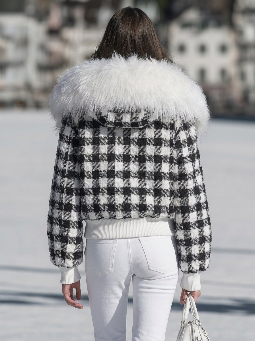 Chic Ski Black White Plaid Furry Collar Cropped Jacket