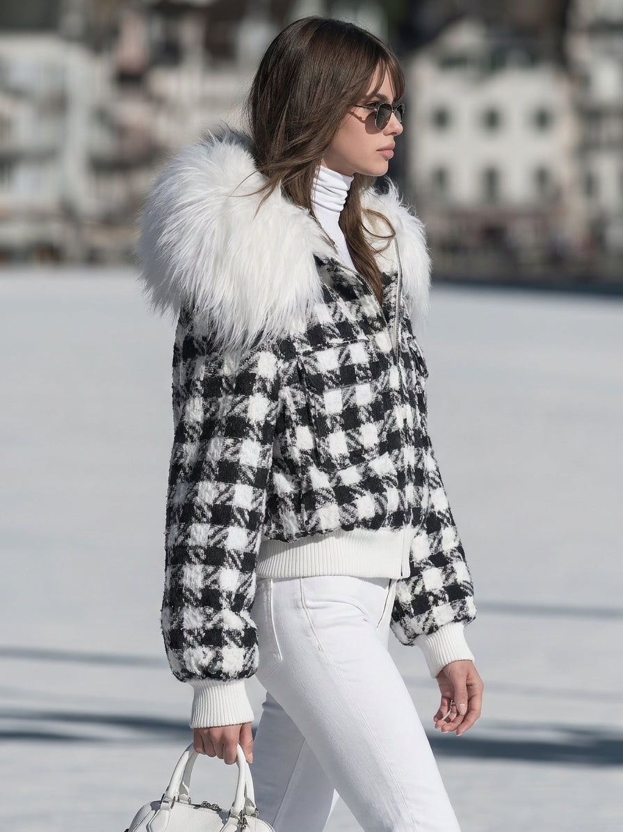 Chic Ski Black White Plaid Furry Collar Cropped Jacket
