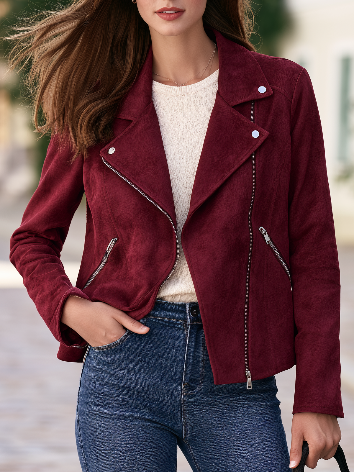 Faux Suede Asymmetric Zip Lapel Biker Cropped Jacket