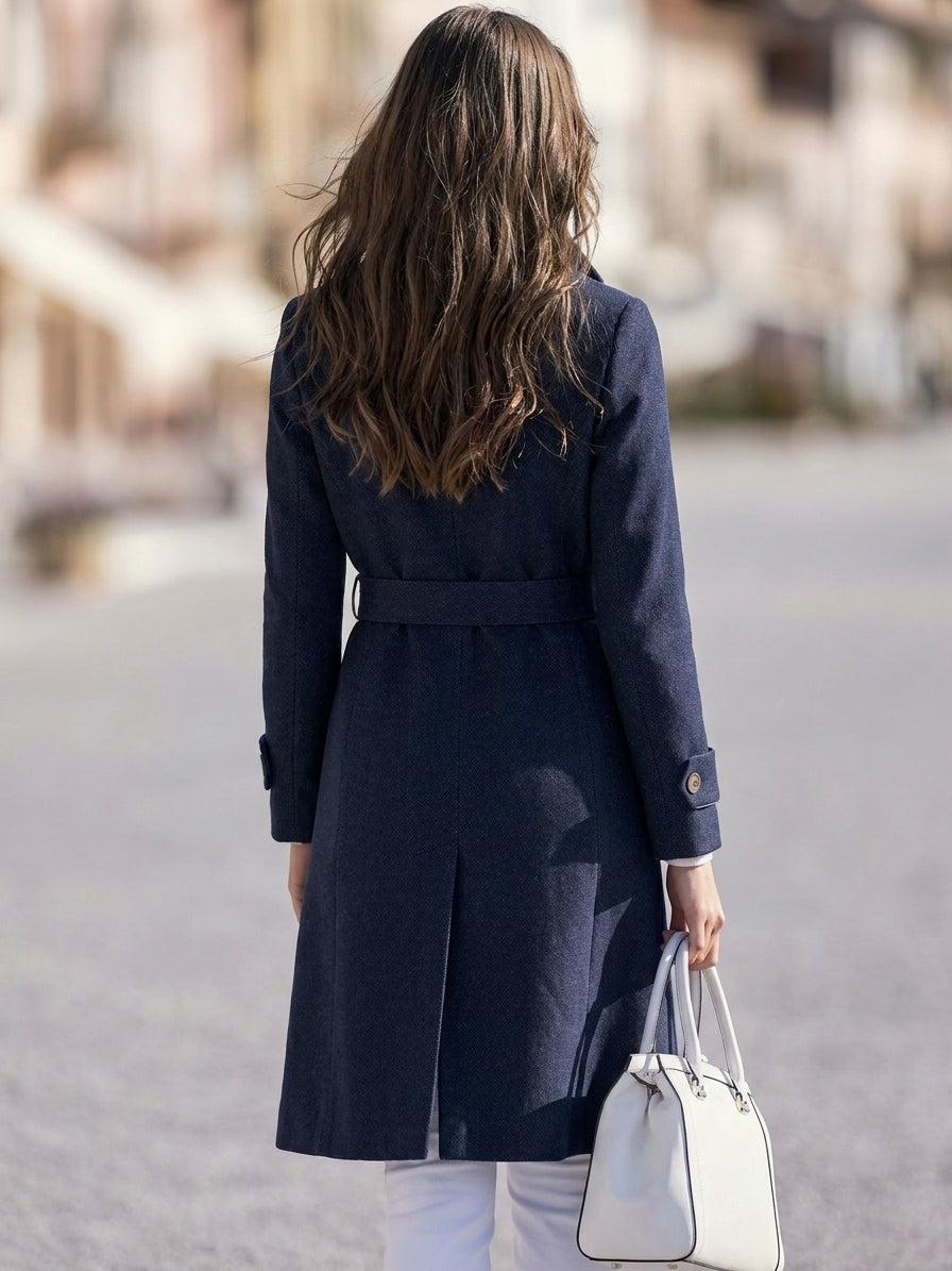 Old Money Classic Navy Stand Collar Belted Double Faced Mid Length Coat
