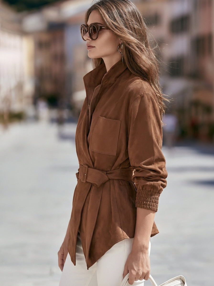 Old Money Casual Caramel Brown Faux Suede Belted Wrap Jacket