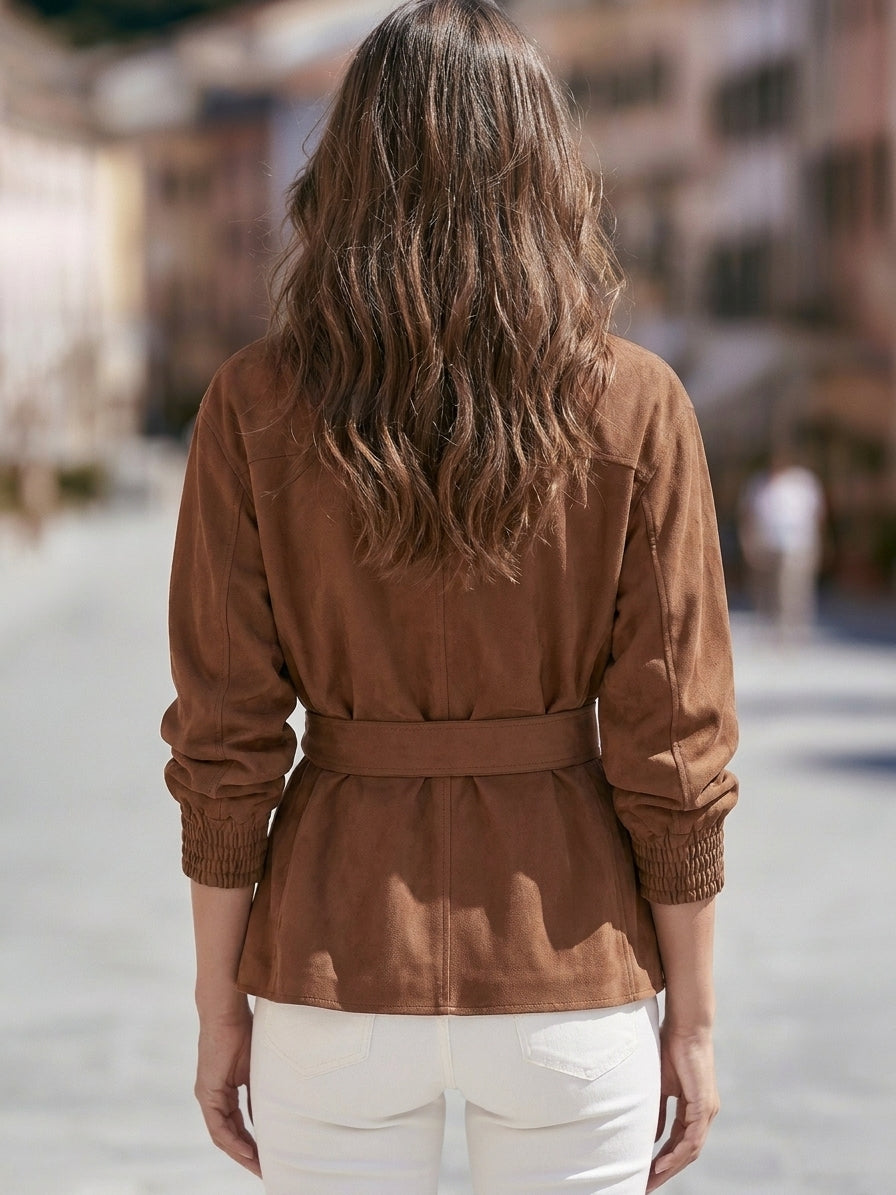 Old Money Casual Caramel Brown Faux Suede Belted Wrap Jacket