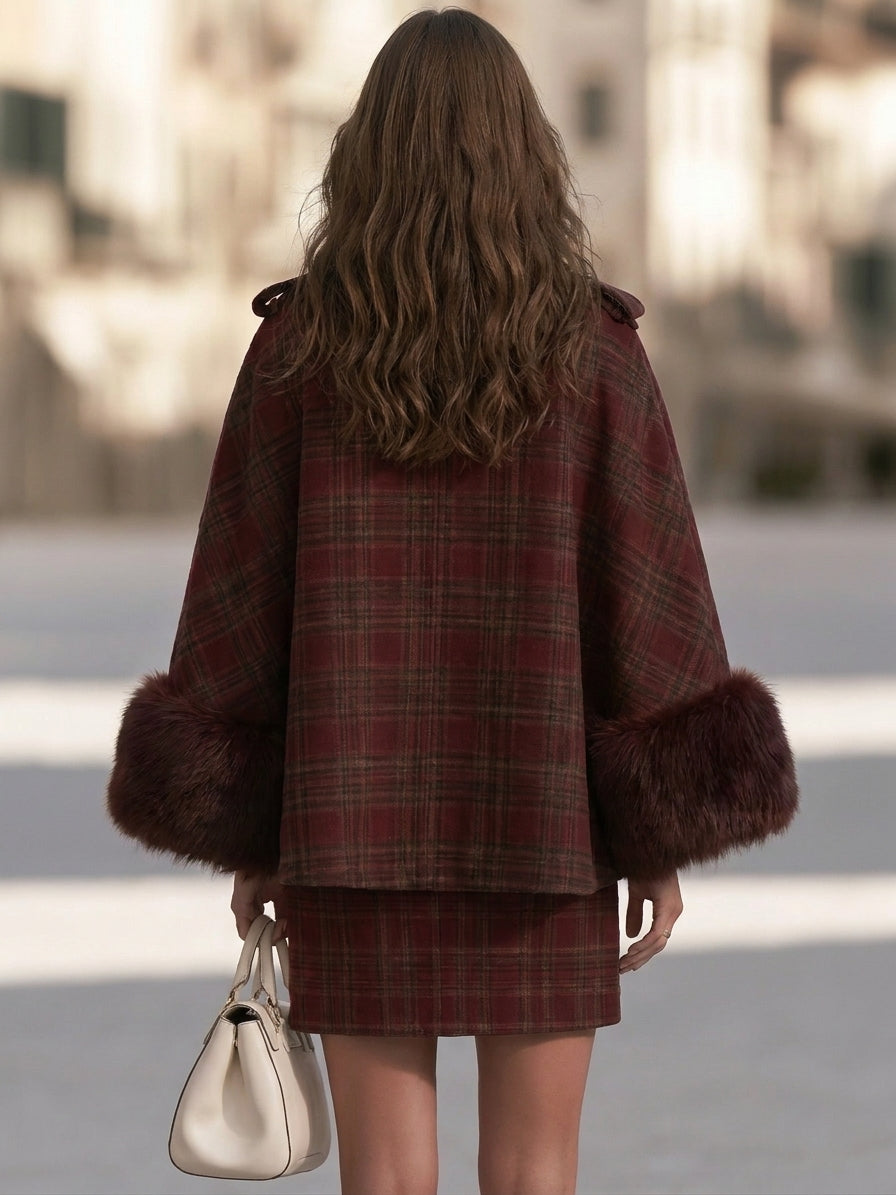 Vintage British Burgundy Plaid Faux Fur Cuff Cape Skirt Set