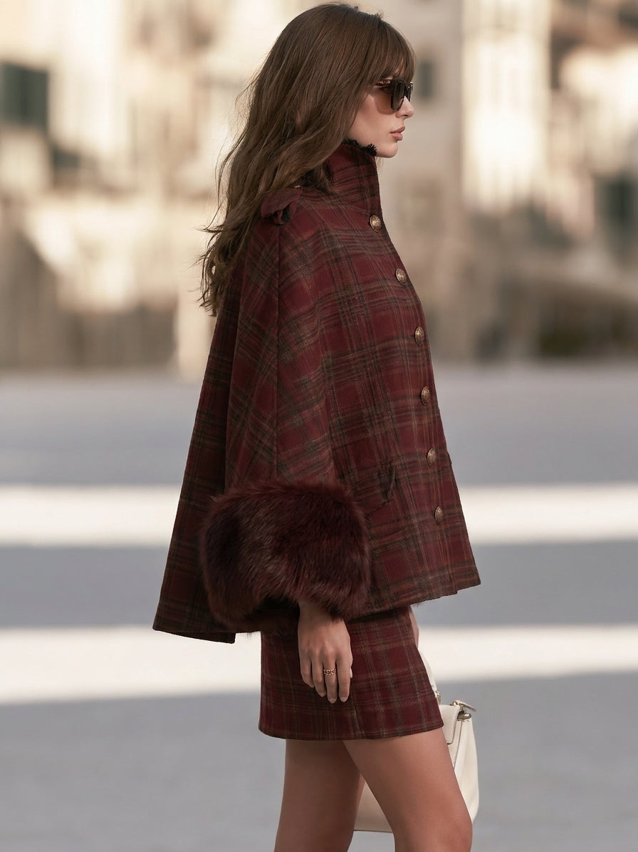 Vintage British Burgundy Plaid Faux Fur Cuff Cape Skirt Set
