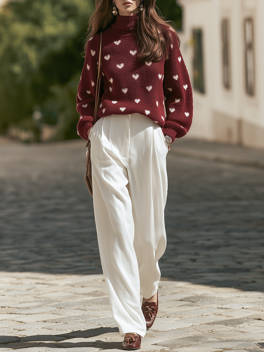 Resort-style Heart-patterned Long-sleeved Stand-collar Sweater And Trousers Set