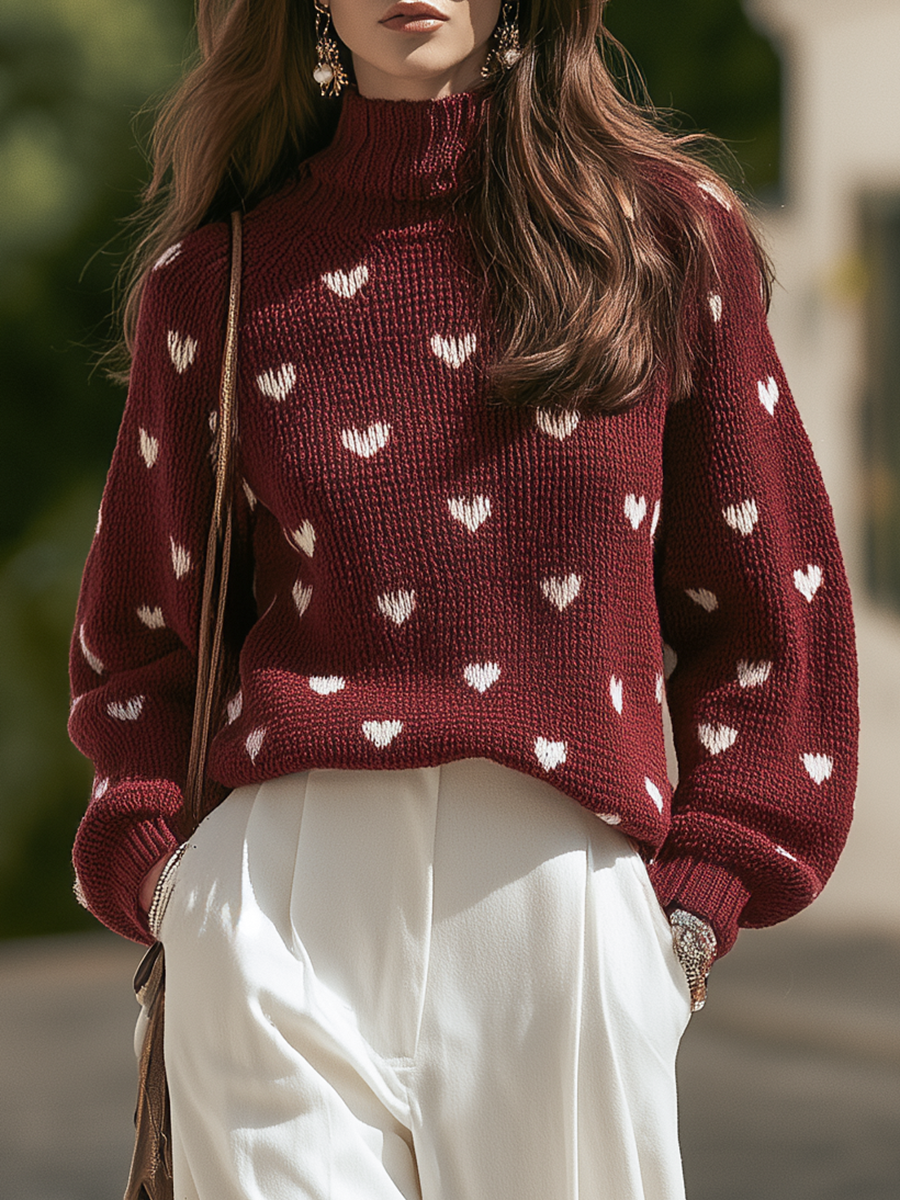 Resort-style Heart-patterned Long-sleeved Stand-collar Sweater And Trousers Set