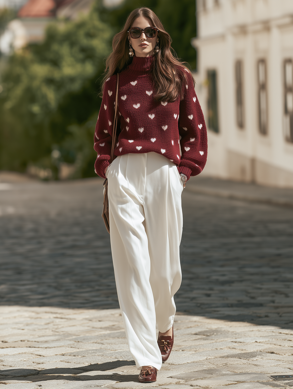 Resort-style Heart-patterned Long-sleeved Stand-collar Sweater And Trousers Set