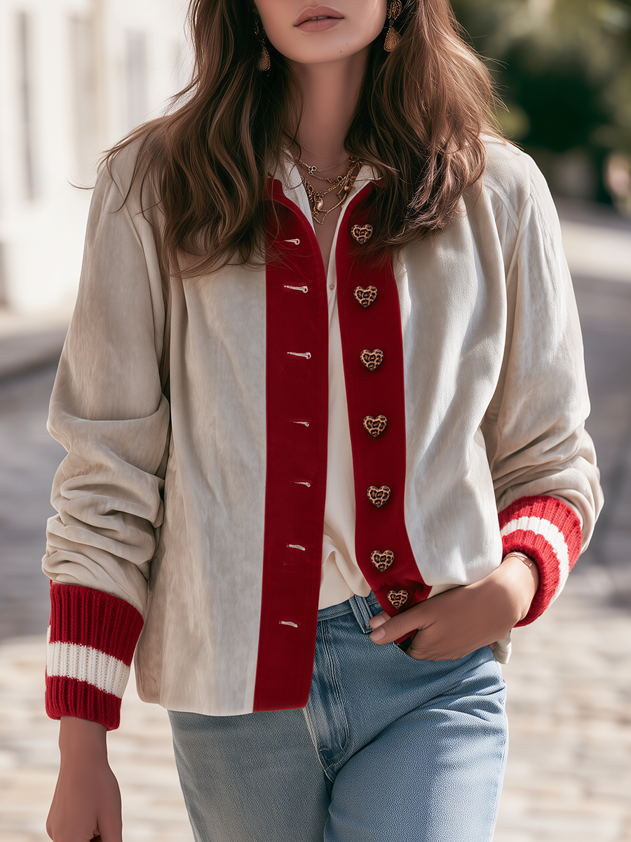Resort-style Round Neck Color-blocked Heart Button Jacket