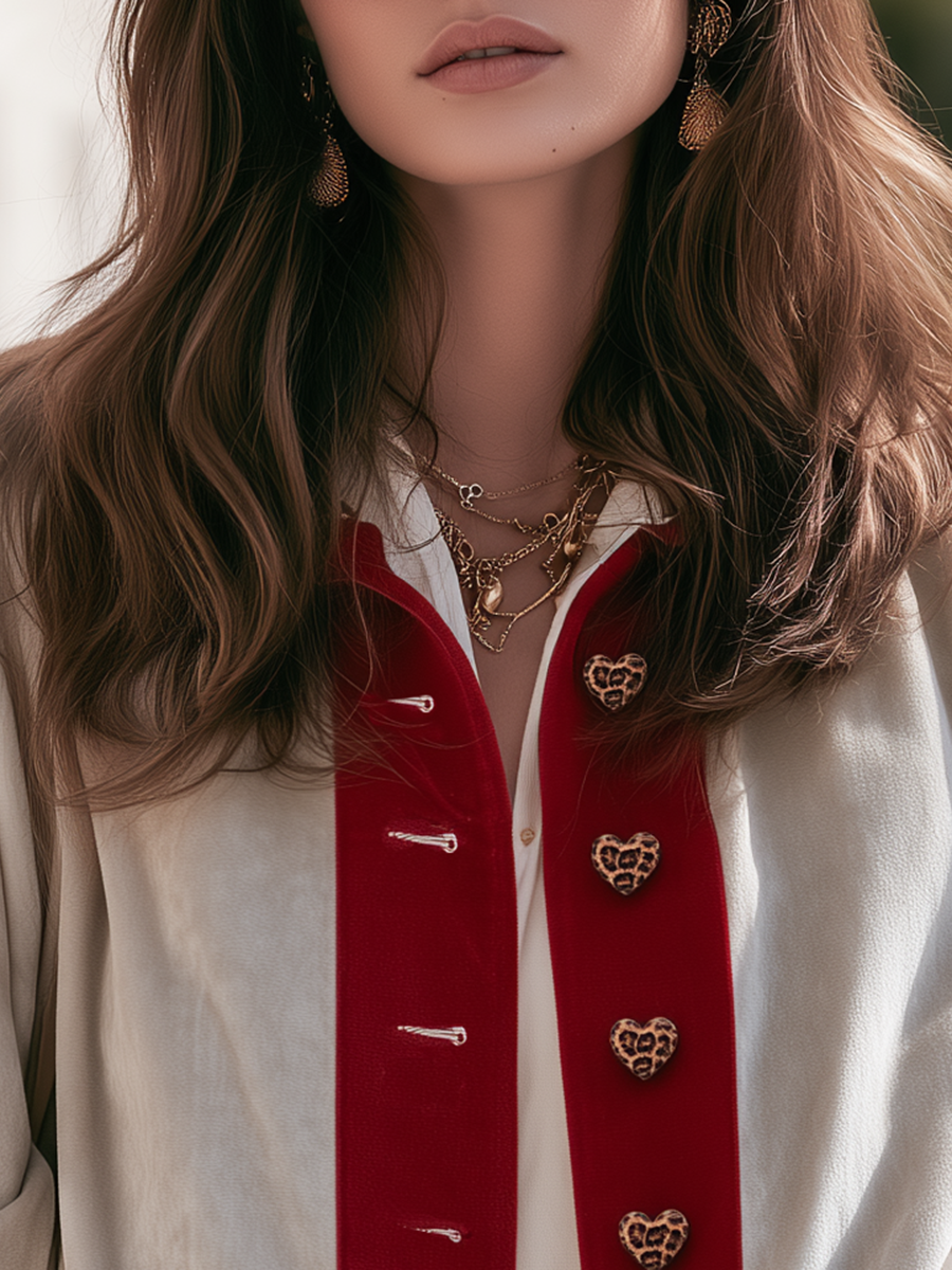 Resort-style Round Neck Color-blocked Heart Button Jacket