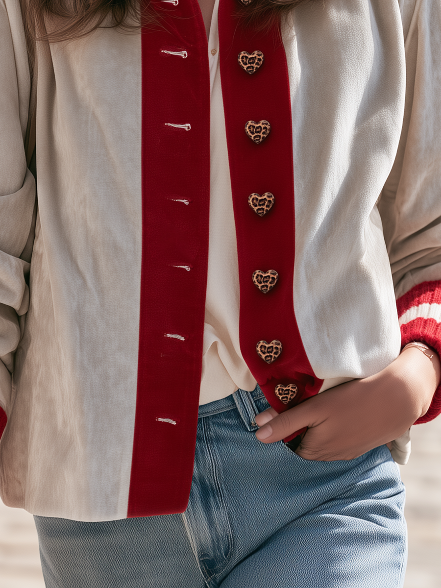 Resort-style Round Neck Color-blocked Heart Button Jacket