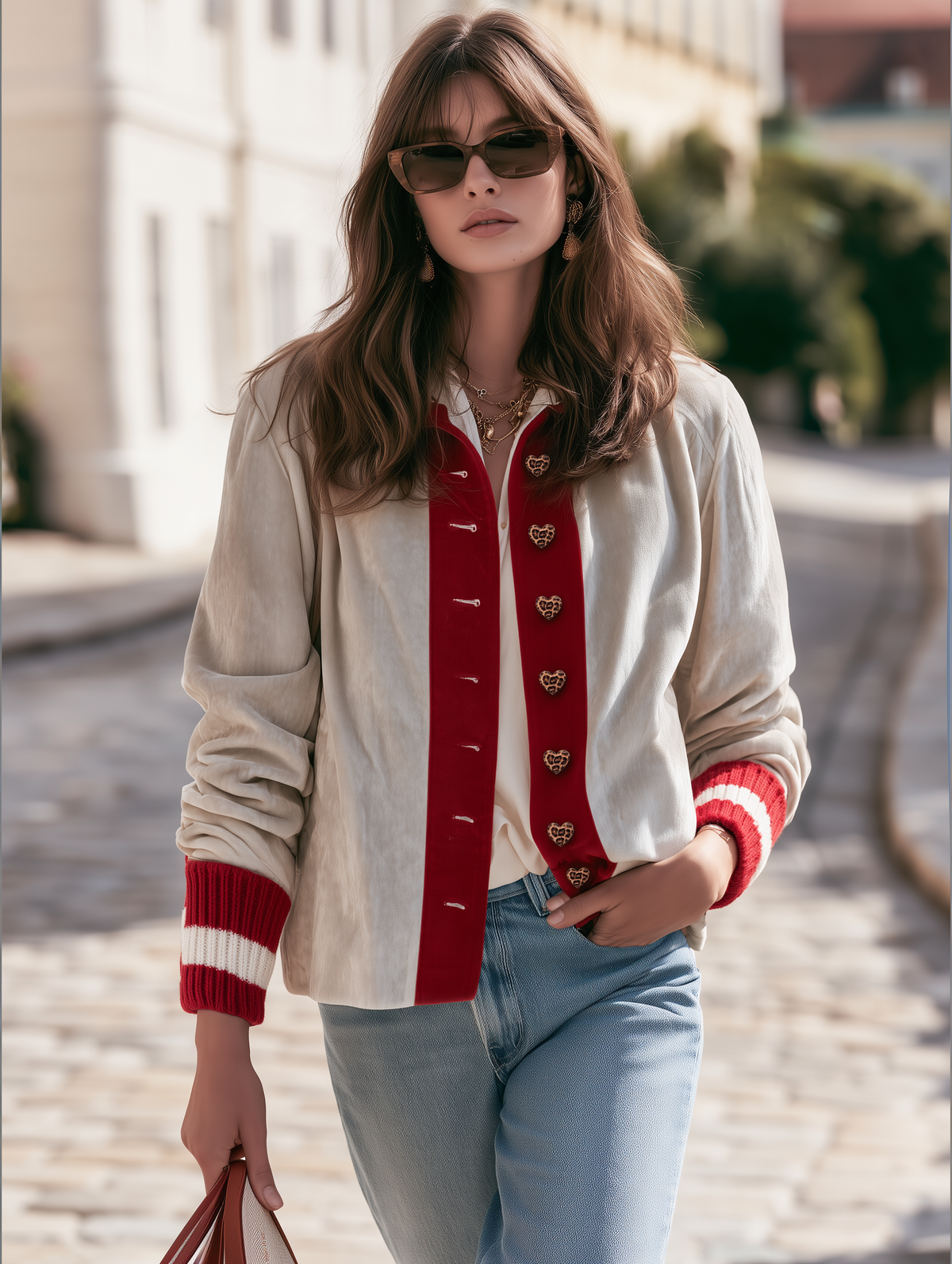 Resort-style Round Neck Color-blocked Heart Button Jacket