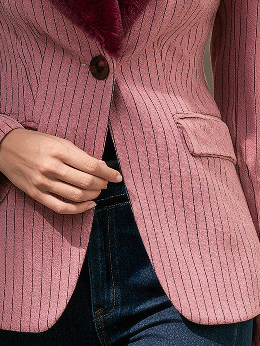 Resort-style Fur Collar And Turn-down Collar Striped Blazer