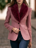 Resort-style Fur Collar And Turn-down Collar Striped Blazer