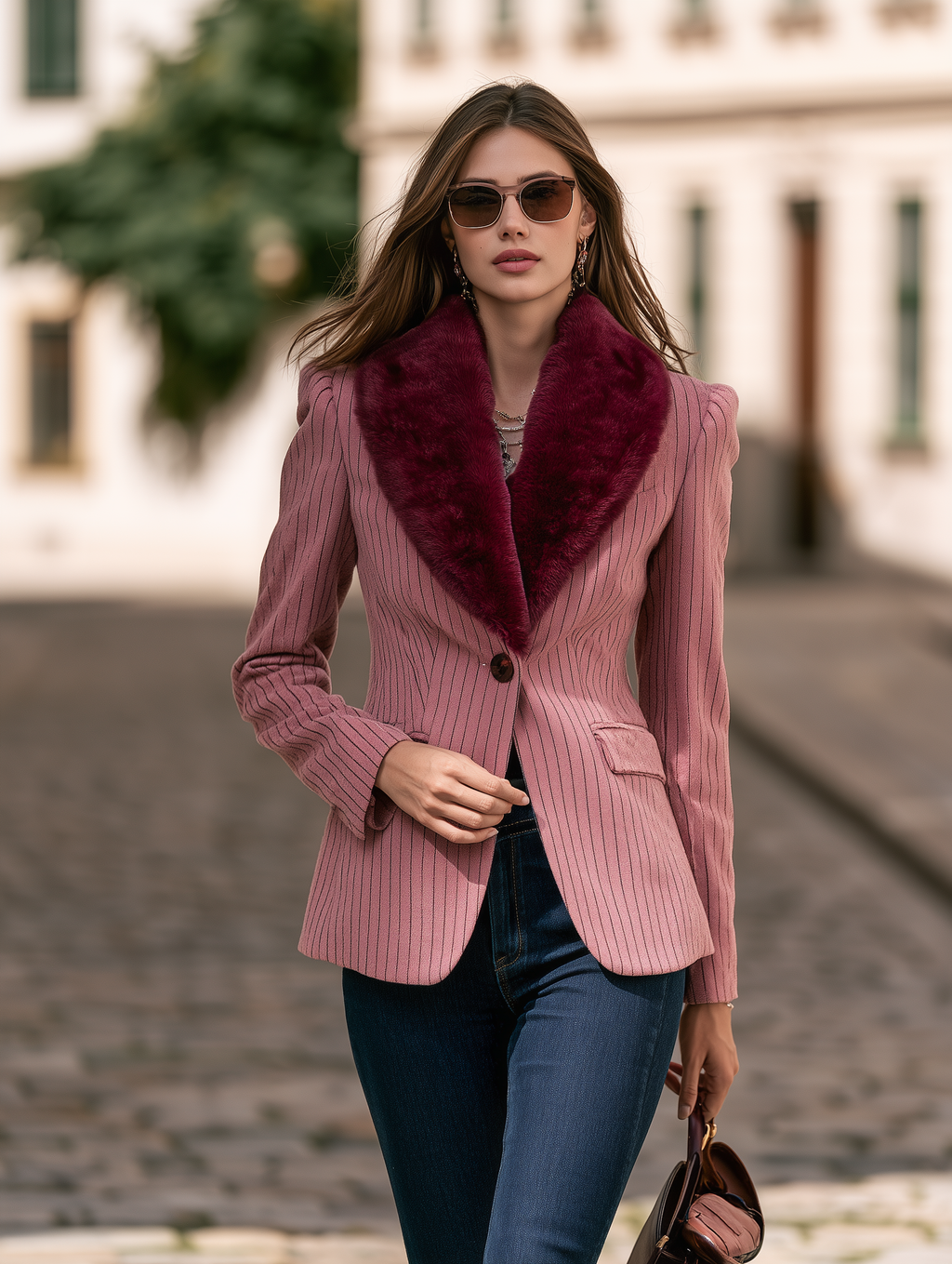 Resort-style Fur Collar And Turn-down Collar Striped Blazer