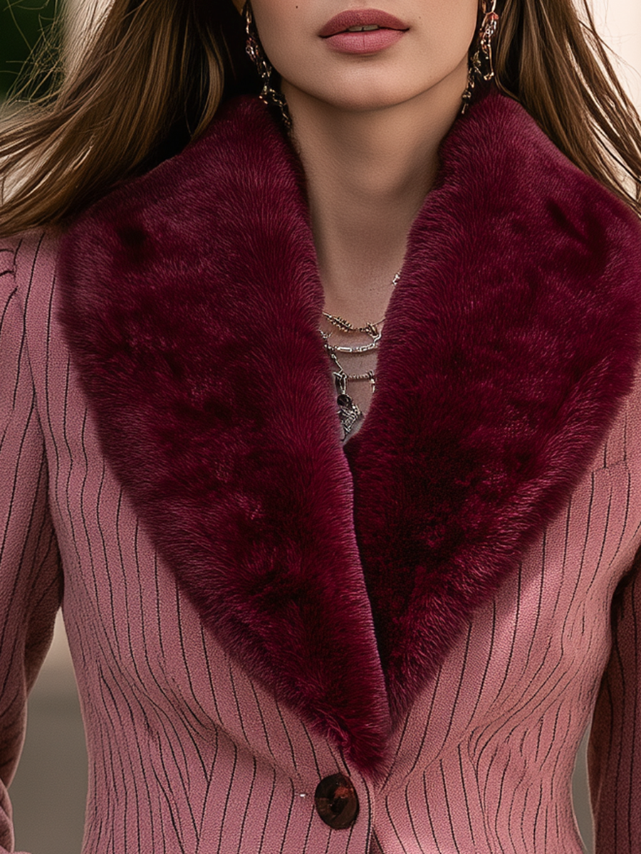 Resort-style Fur Collar And Turn-down Collar Striped Blazer