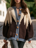 Resort-style V-neck Long-sleeve Striped Button-front Knit Cardigan