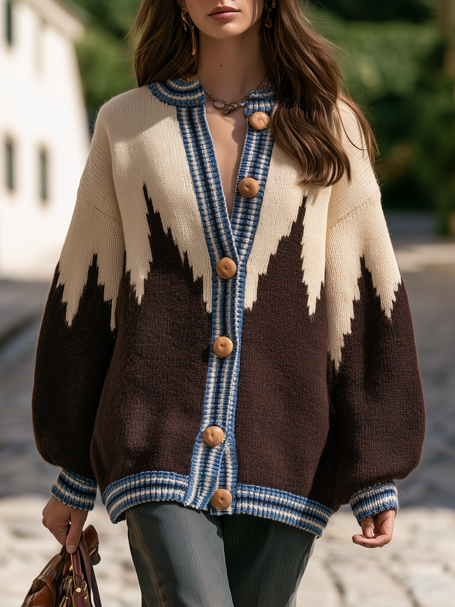 Resort-style V-neck Long-sleeve Striped Button-front Knit Cardigan