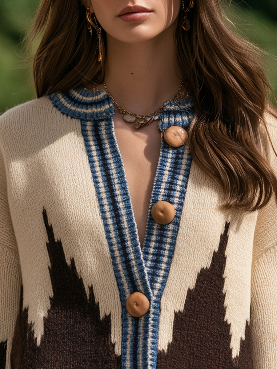 Resort-style V-neck Long-sleeve Striped Button-front Knit Cardigan