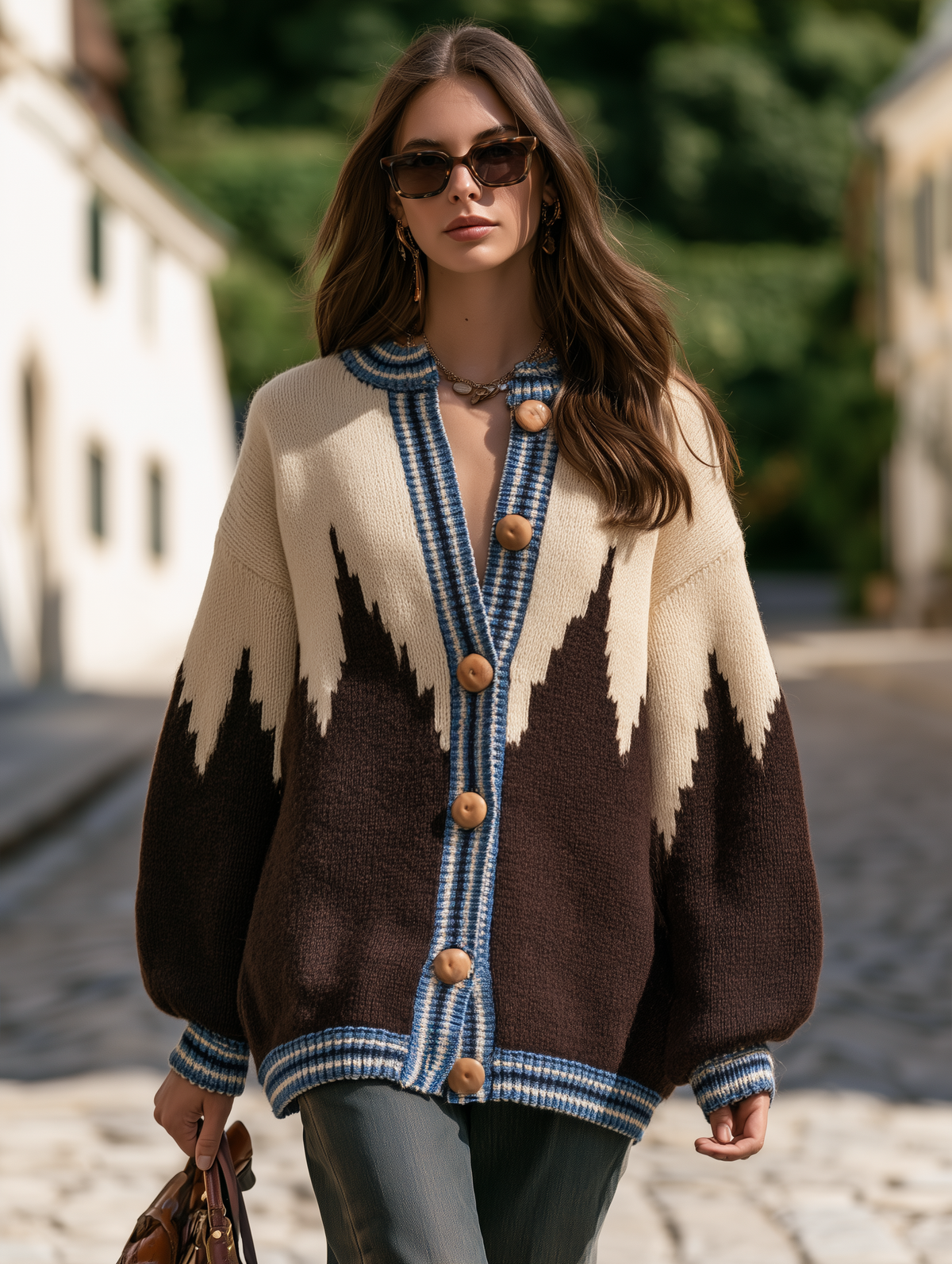 Resort-style V-neck Long-sleeve Striped Button-front Knit Cardigan