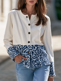 Resort-style Round Neck Long-sleeved Blue Leopard Print Velvet Jacket