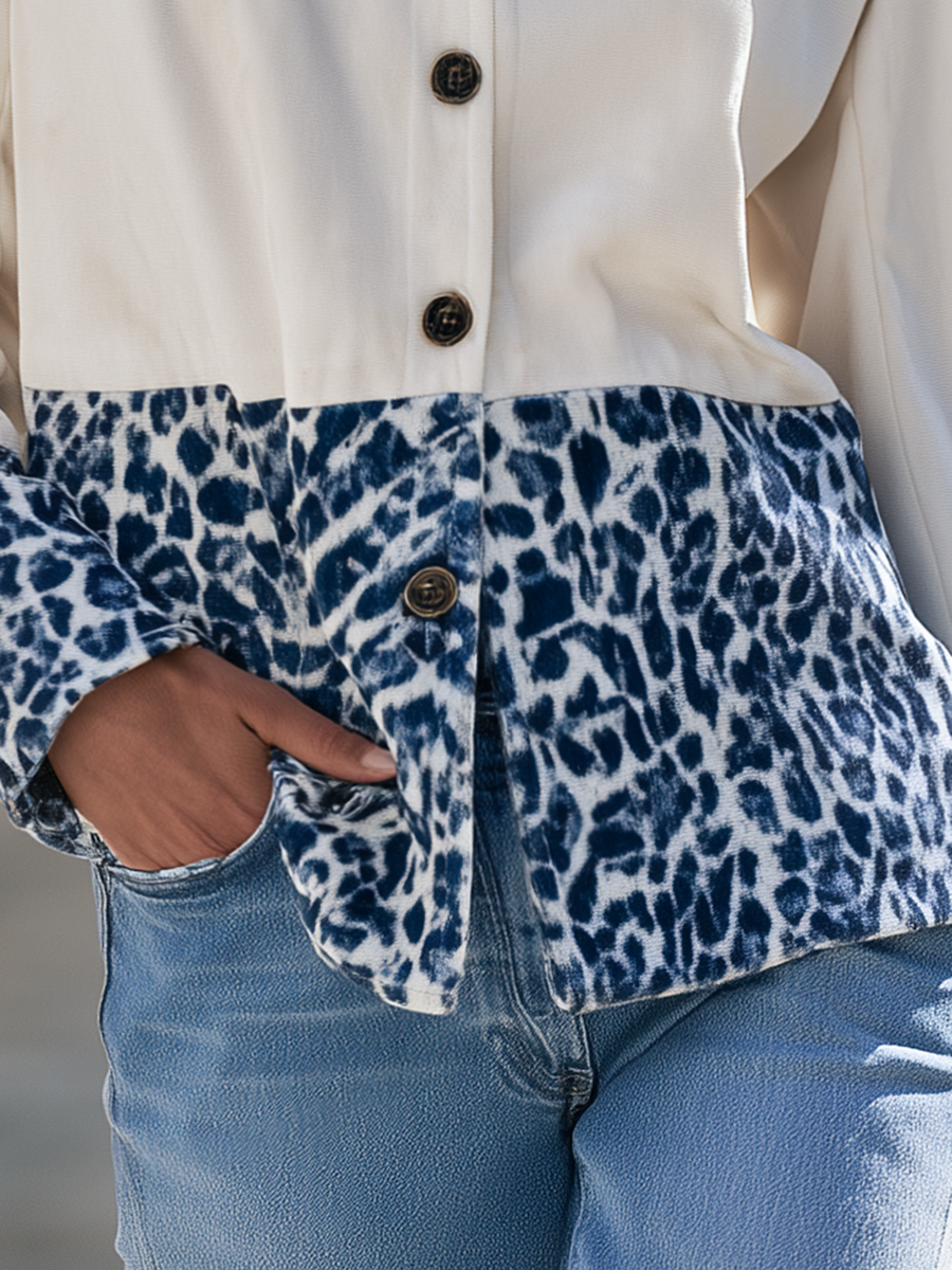 Resort-style Round Neck Long-sleeved Blue Leopard Print Velvet Jacket
