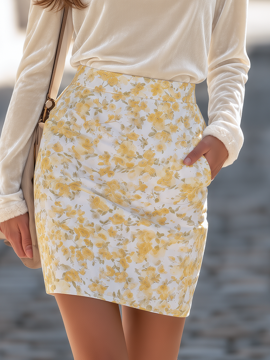 Resort-style Long-sleeved Shirt With Fur Collar And Floral Skirt Set