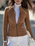 Vintage Moto Camel Faux Suede Studded Stand Collar Jacket