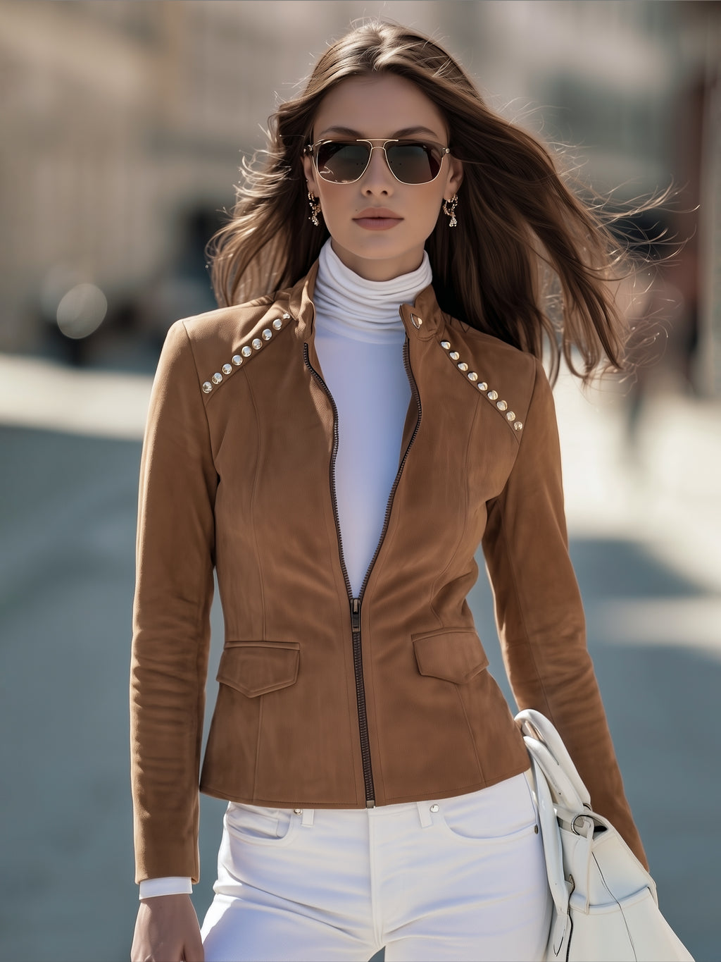 Vintage Moto Camel Faux Suede Studded Stand Collar Jacket