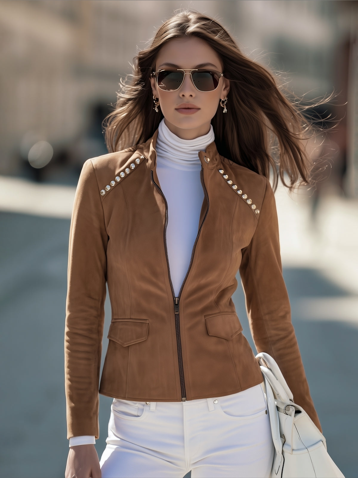 Vintage Moto Camel Faux Suede Studded Stand Collar Jacket