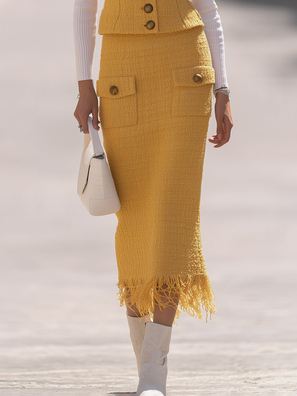 Vintage Old Money Mustard Yellow Tweed Vest Fringe Midi Skirt Set