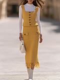 Vintage Old Money Mustard Yellow Tweed Vest Fringe Midi Skirt Set