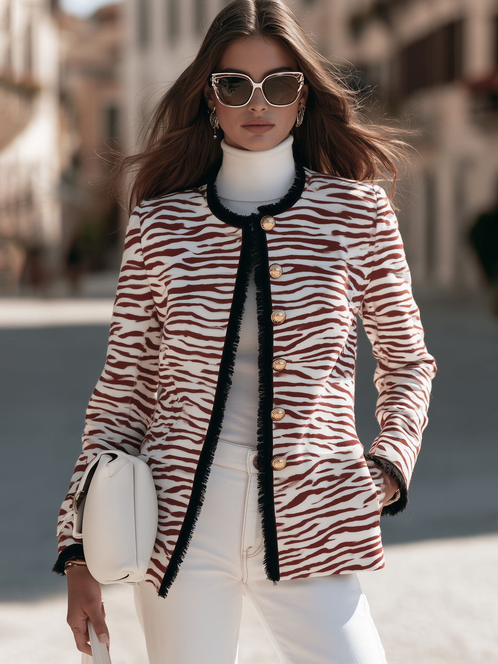 Chic Retro Reddish Brown Zebra Print Fringe Trim Woven Jacket