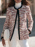 Chic Retro Reddish Brown Zebra Print Fringe Trim Woven Jacket