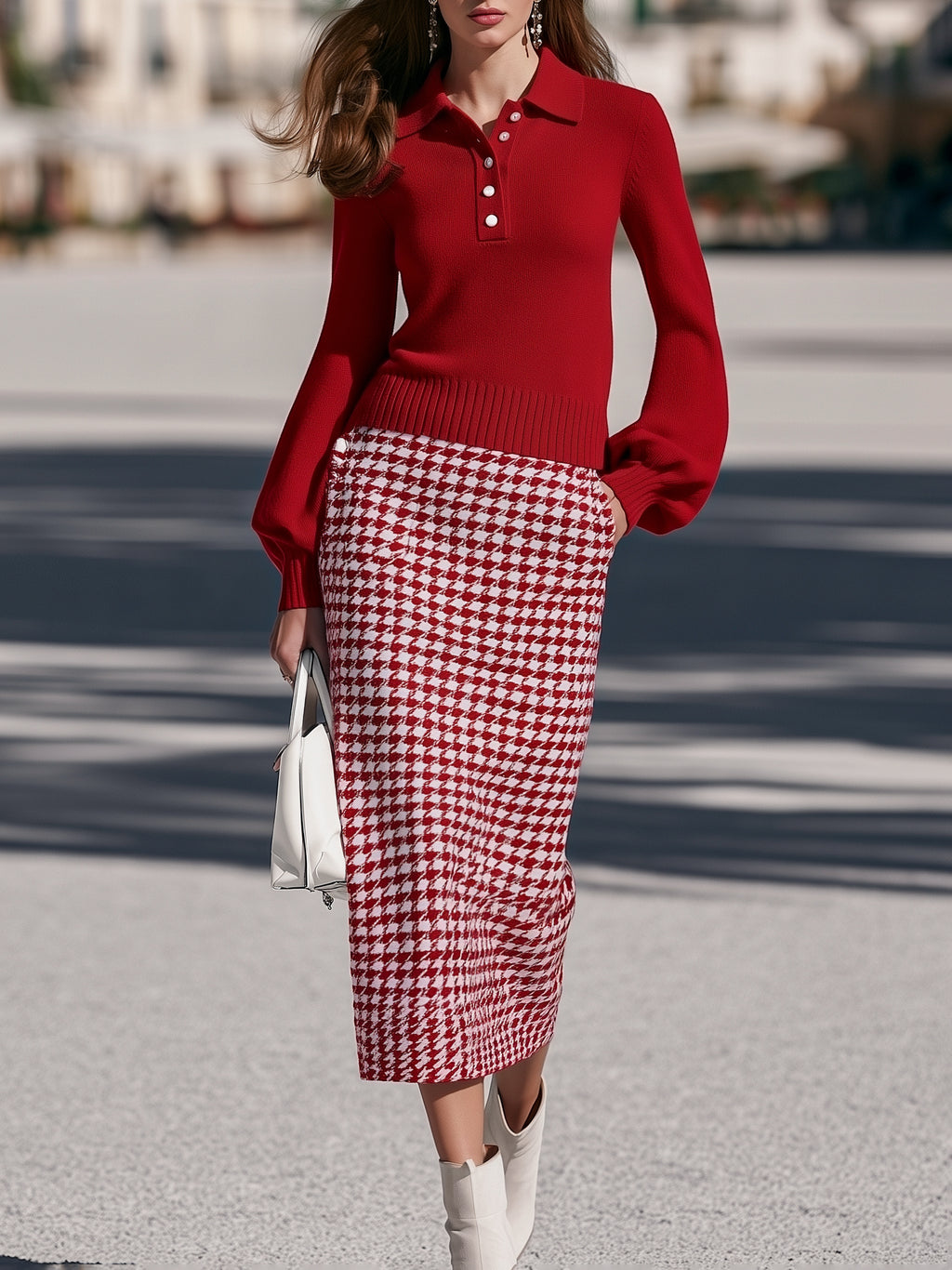 Vintage Preppy Red Polo Knit Top Houndstooth Midi Skirt Set