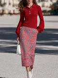 Vintage Preppy Red Polo Knit Top Houndstooth Midi Skirt Set