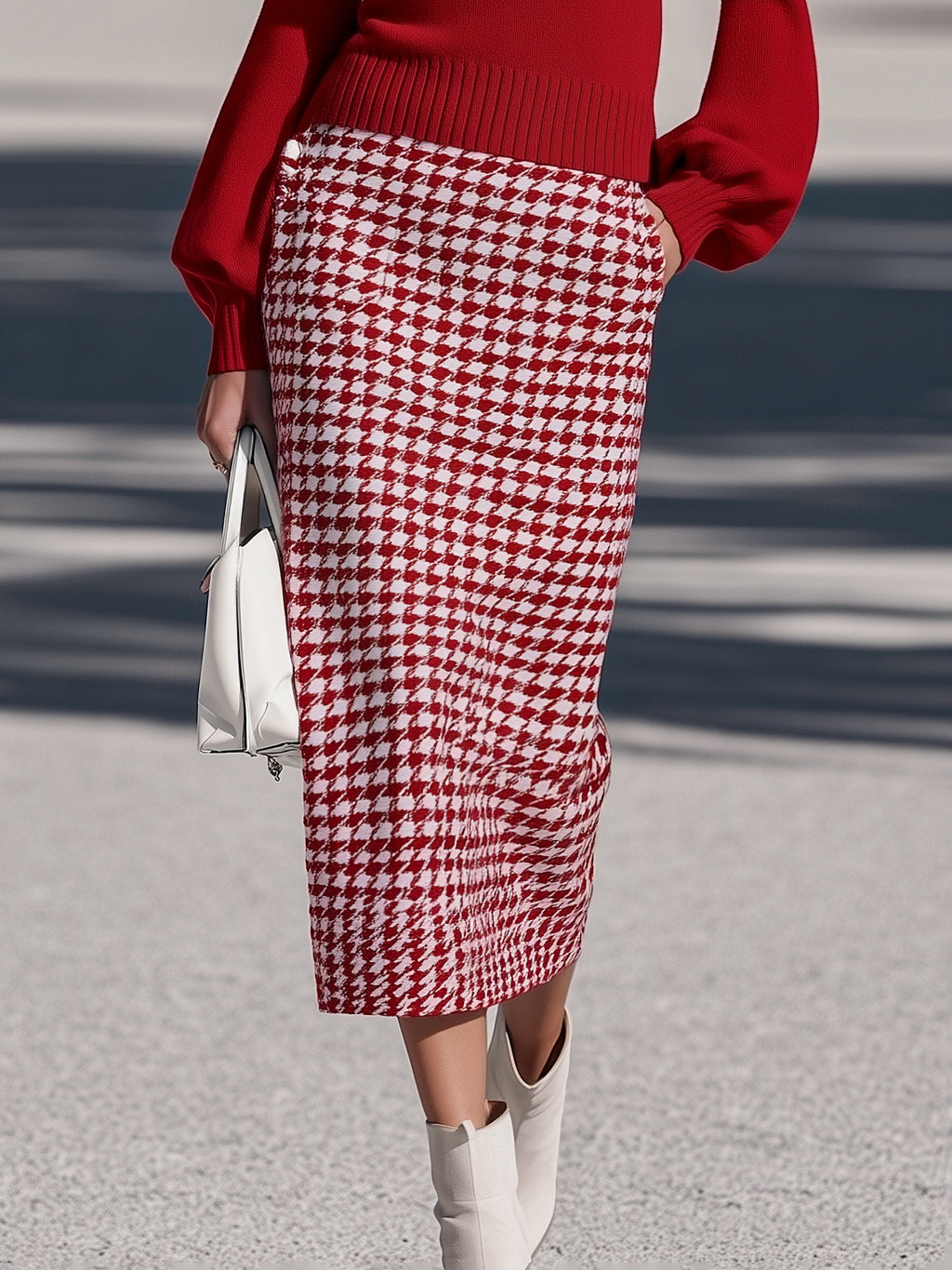 Vintage Preppy Red Polo Knit Top Houndstooth Midi Skirt Set