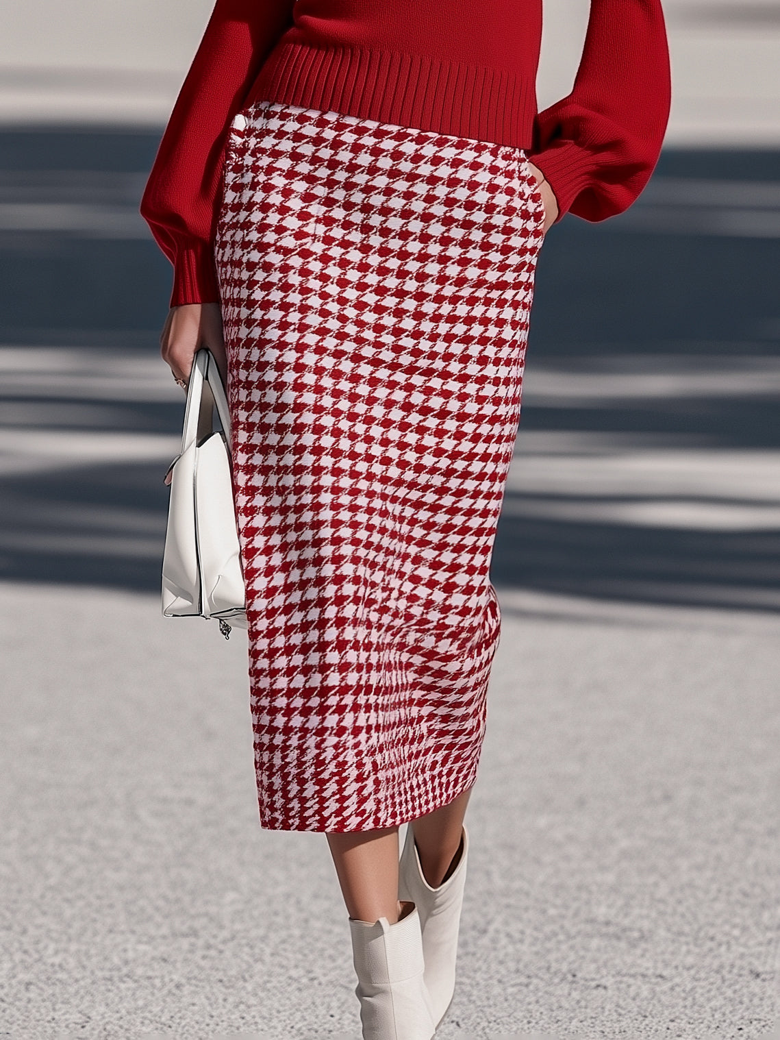 Vintage Preppy Red Polo Knit Top Houndstooth Midi Skirt Set